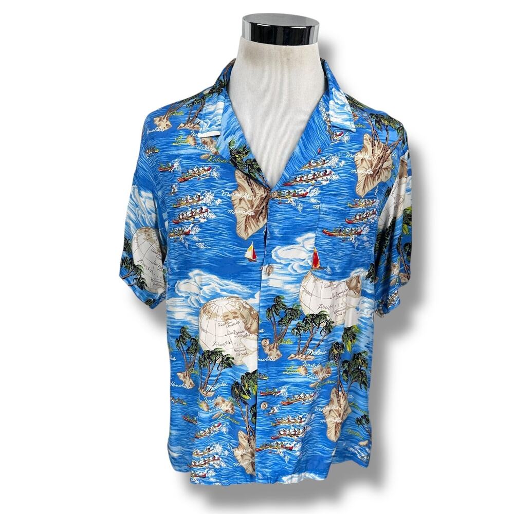 Vintage Ocean Pacific Hawaiian Shirt Men’s Large Blue‎ Beach Camp OP 90s USA